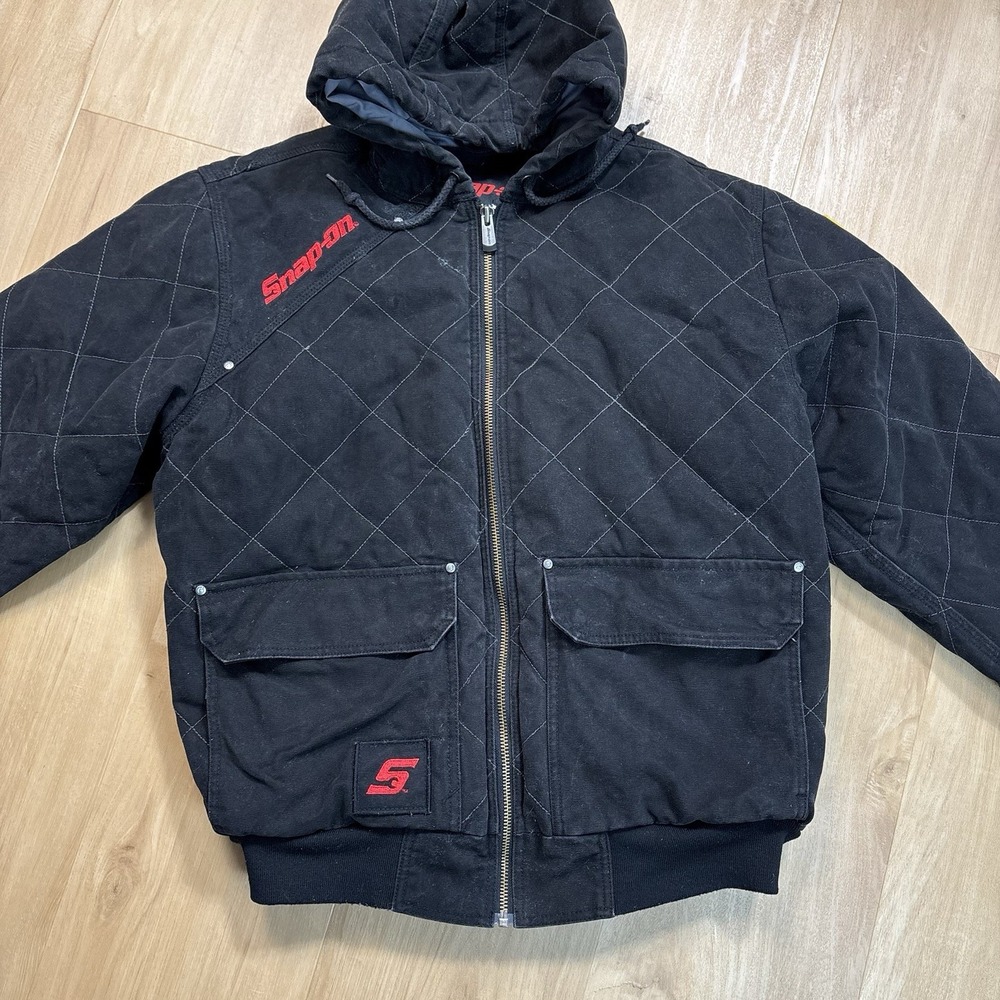 Snap-on Tools Work Jacket Mens Medium Black Quilted Hooded Canvas Bomber Coat